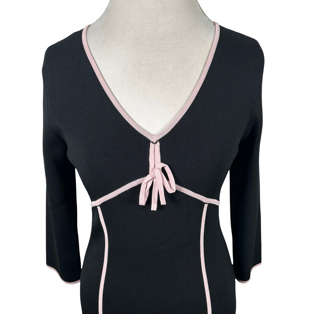 BCBGMaxazria Black Sheath Bodycon Dress Pink Bow V-Neck Empire Waist size M Y2K - Picture 3 of 11